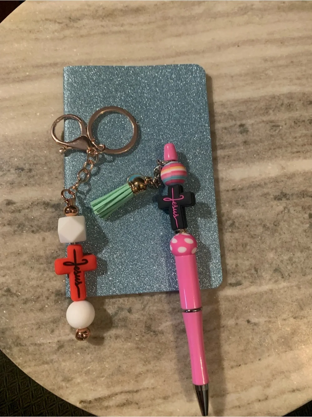 Pink Beaded Pen and Keychain Set with Cross Charm
